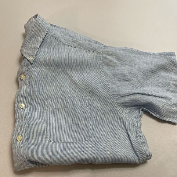 Brooks Brothers Blue White Stripe Irish Linen Button Up Shirt Size Large - Picture 10 of 10